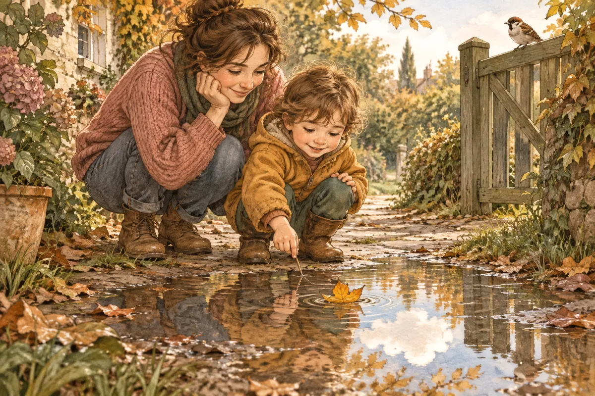 Ilustracija u toplim tonovima: roditelj i dete pored bare sa žutim brodićem od lista i odrazom oblaka