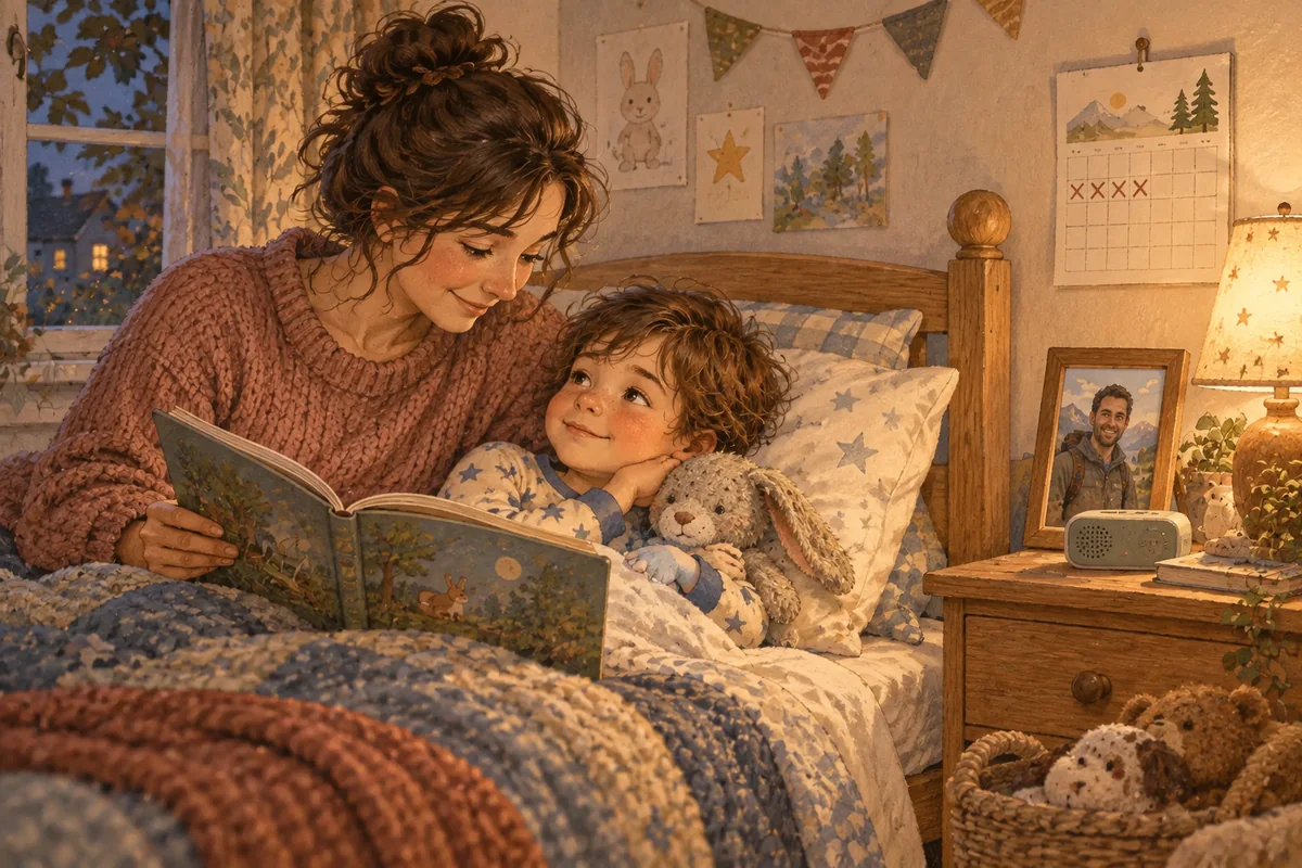 Warm storybook illustration of a caregiver reading beside a child while a recording and photograph of the traveling parent sit nearby