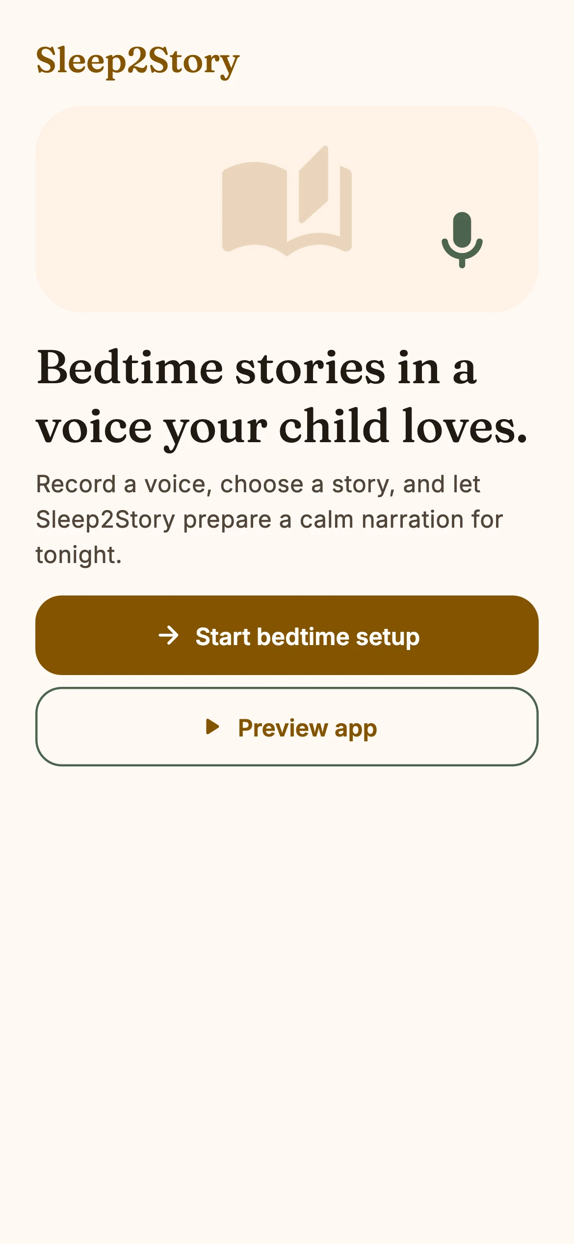 Sleep2Story onboarding screen in English
