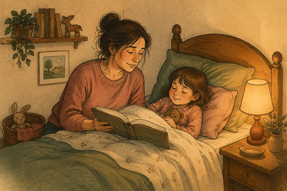 Warme Illustration eines müden Elternteils neben einem Kind, einem offenen Buch und einer kleinen Nachttischlampe